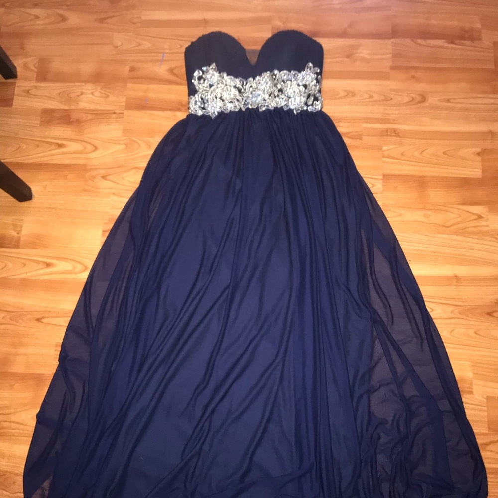 Navy blue/silver embellishment  a-line prom dress
